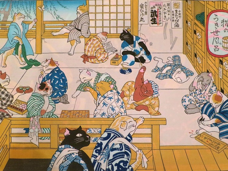Woodblock print of cats from the Isetatsu chiyogami store in Yanaka