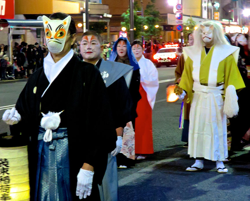 The many faces of Japan's most elusive trickster are on display, including Mr. Giant Scary Fox there, in the white hakama.