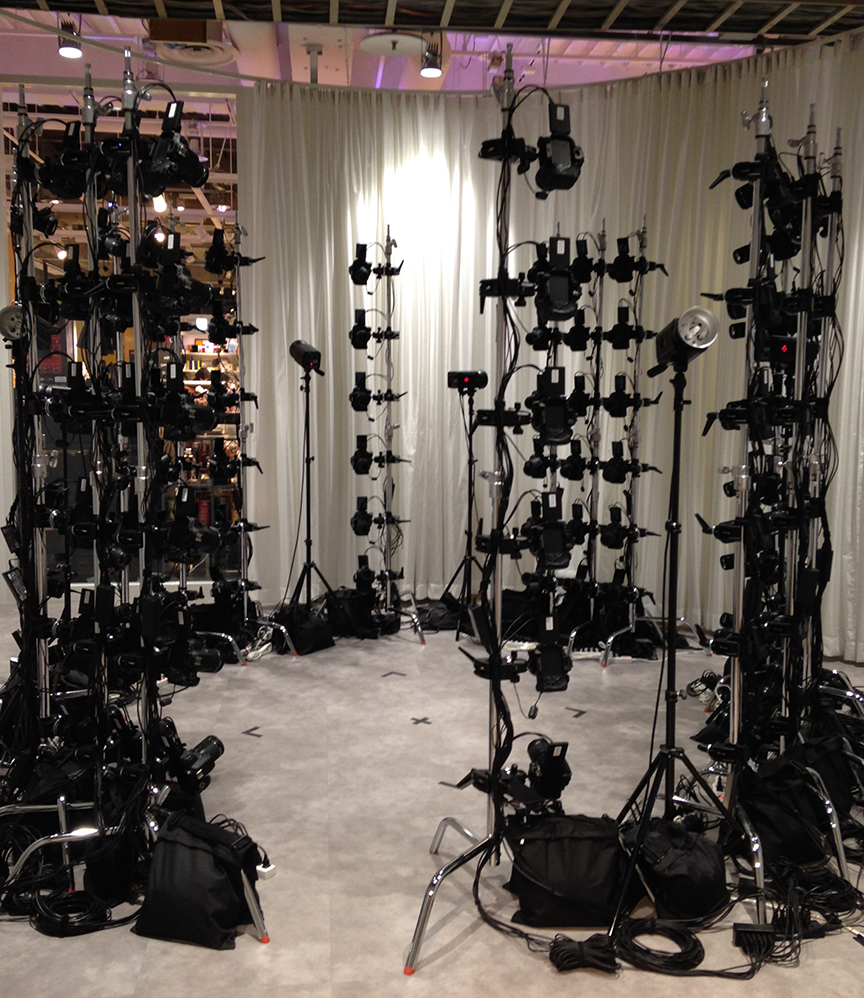 You stand on the X in the middle of a shitload of digital cameras, all precisely angled to capture the polygons needed to build a 3D model.