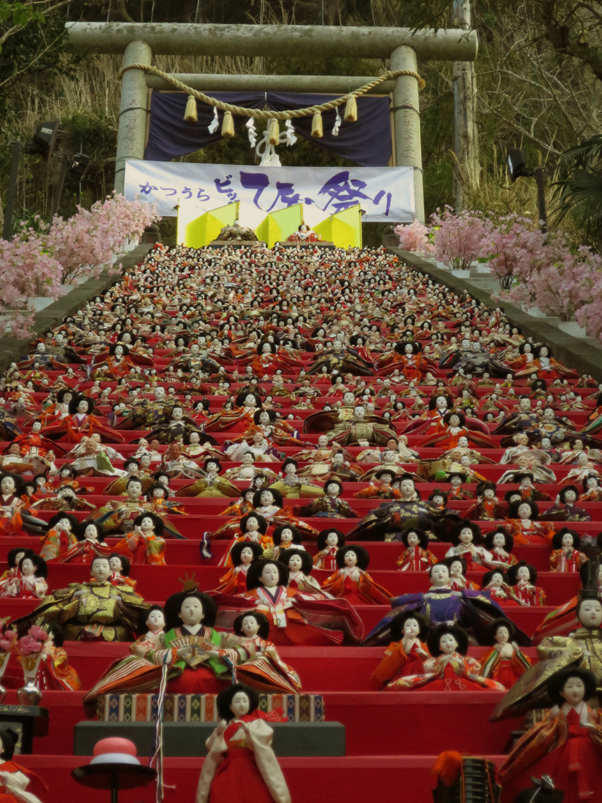 The most famous display is at the local shrine, where the dolls are set out every morning and put away every night by volunteers