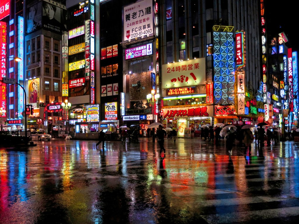 Kabukicho crossing lit up at night in the rain