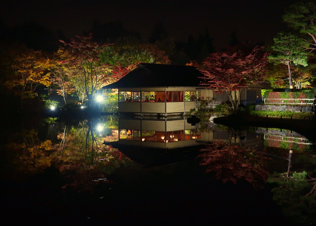 Tea house lit up at night with autumn leaves reflecting in pond at Showa Kinen Park
