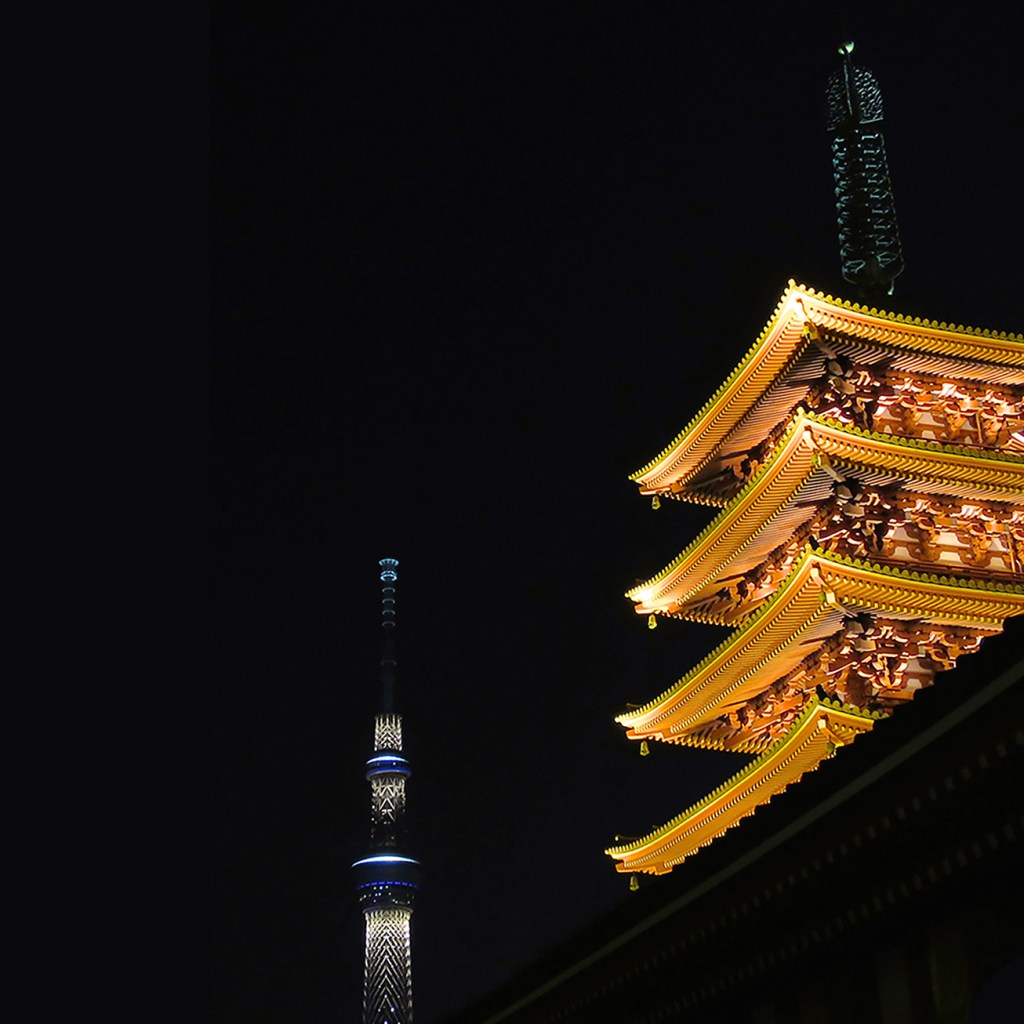 Senso-ji pagoda and Skytree lit up at night