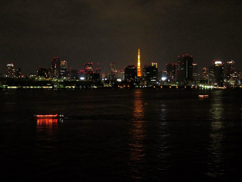 View of the Tokyo skyline at night from the Rainbow Bridge