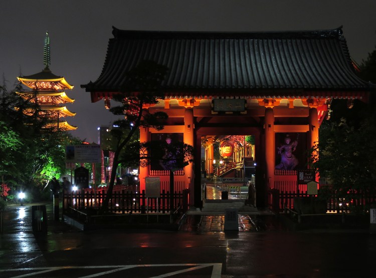 Sensoji temple pagoda and gate lit up at night