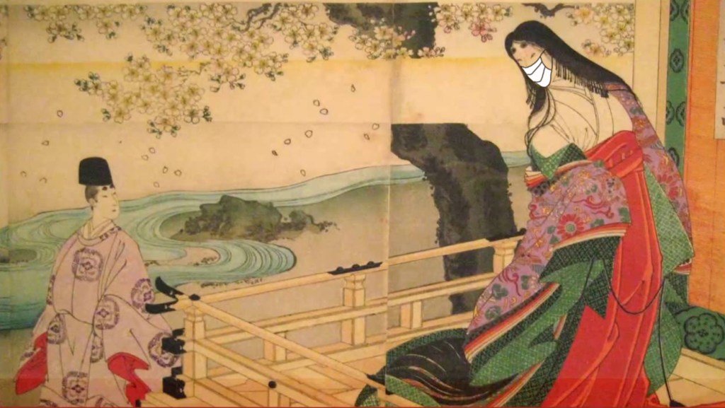 Woodblock print of woman wearing  mask looking at man