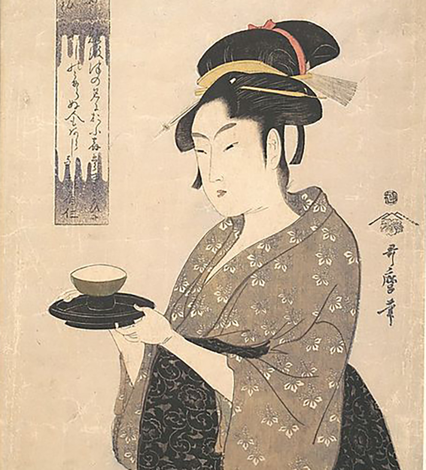 Woodblock print of woman looking disappointed in a bowl of rice