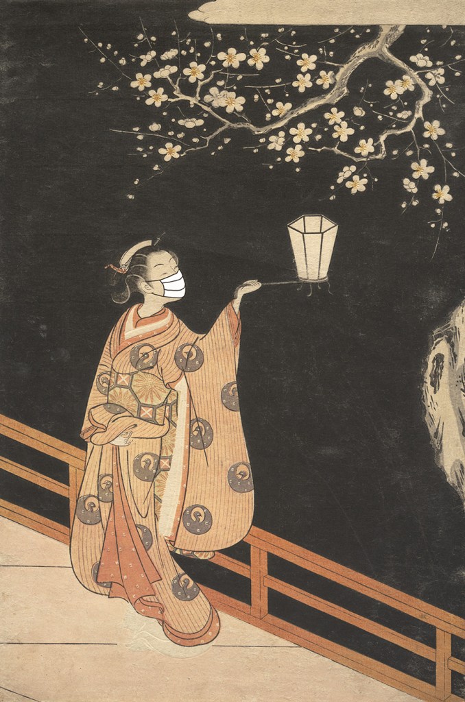 Woodblock print of woman wearing  mask looking at plum blossoms