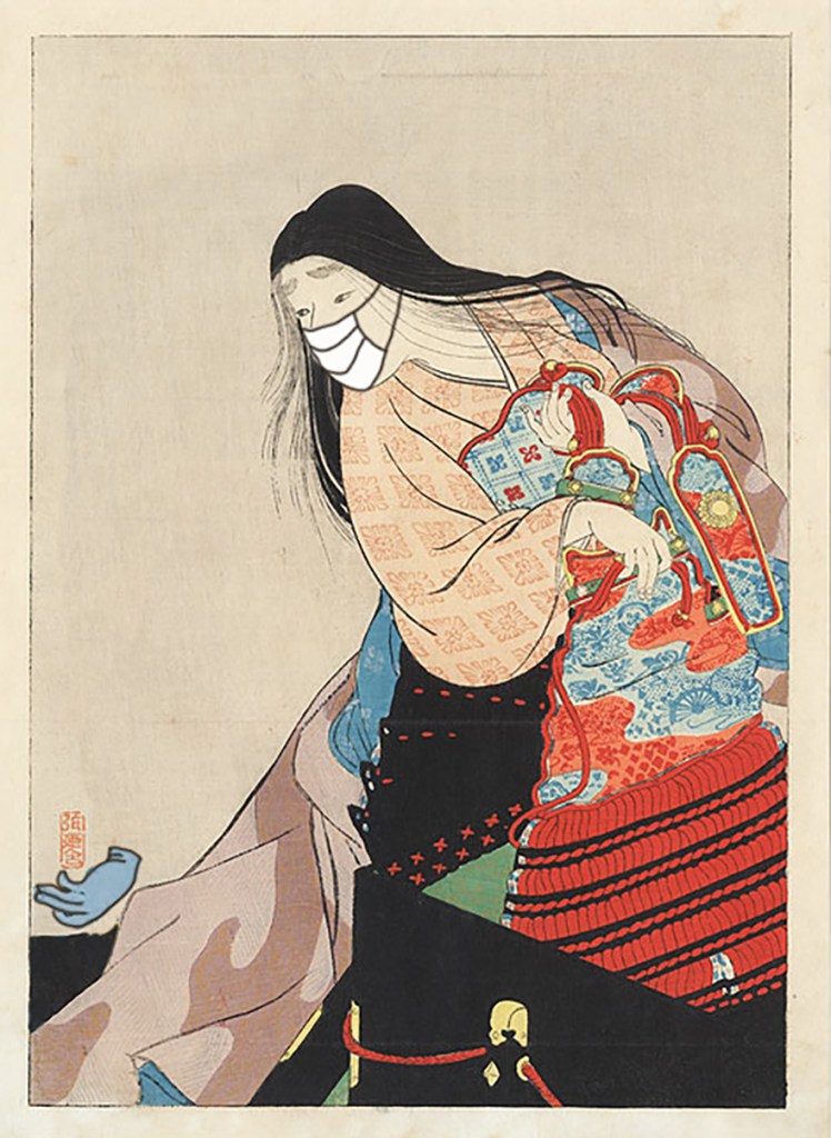 Woodblock print of woman wearing  mask looking at discarded rubber glove on the ground