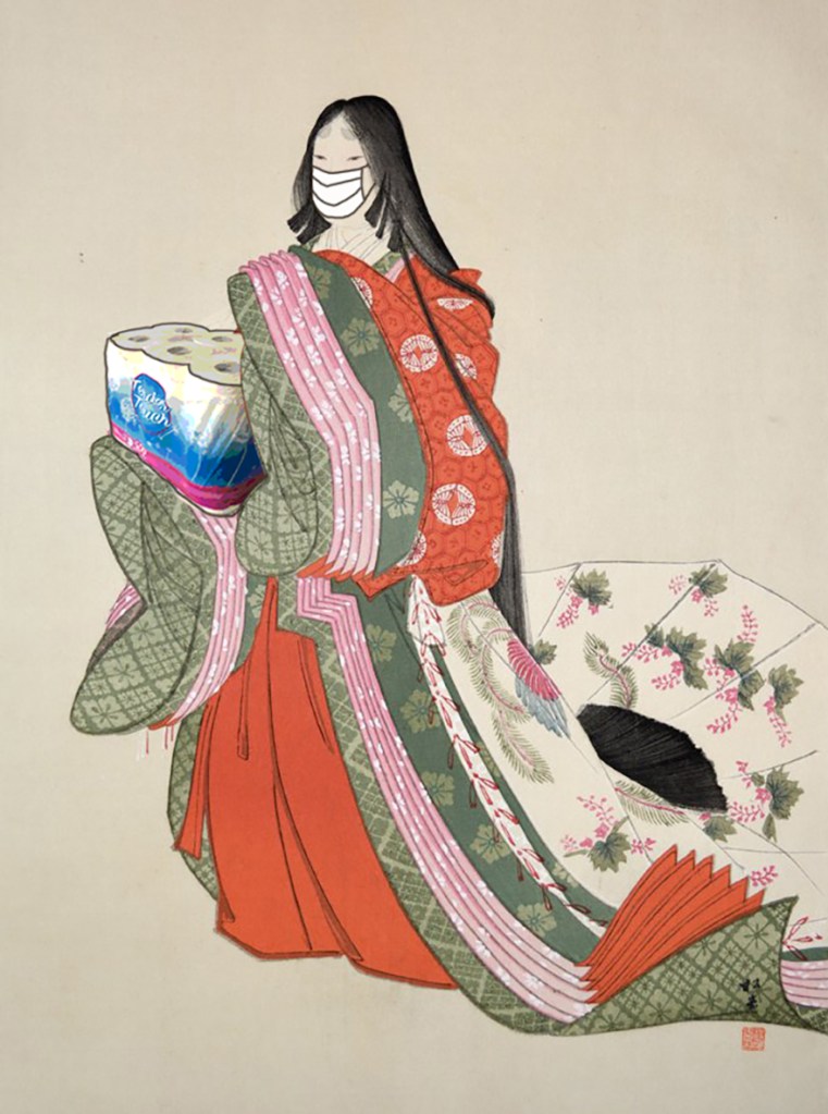 Woodblock print of woman wearing  mask holding a package of toilet paper