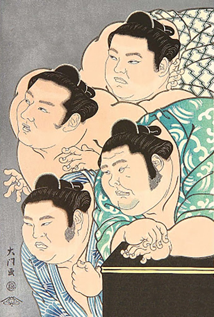 Four sumo wrestlers looking disapproving