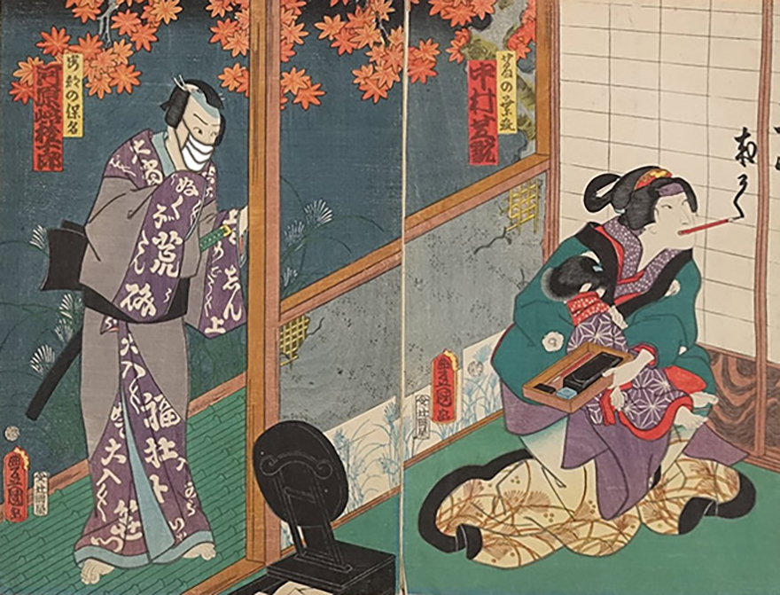 Woodblock print of man wearing  mask coming home from work while wife juggles many tasks