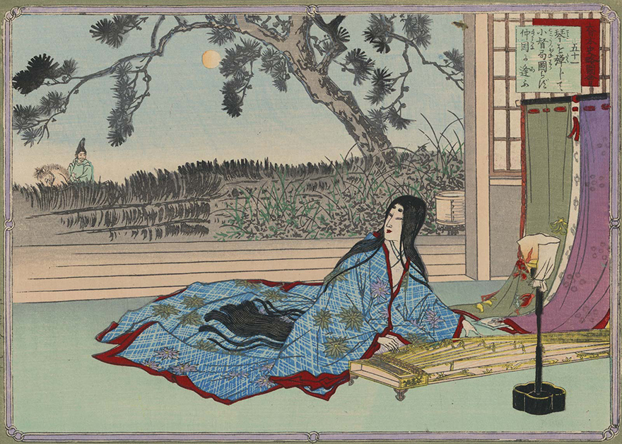 Woodblock print of woman playing the koto gazing longingly at a man riding by outside on horseback