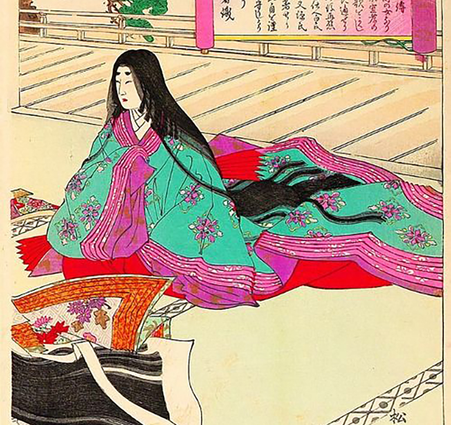 Woodblock print of woman wearing  jinihitoe, surrounded by unwrapped parcels, looking disappointed