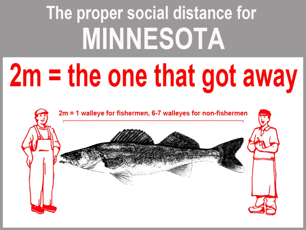 Graphic demonstrating how far away to stand from others during pandemic, using walleye fish as measurement