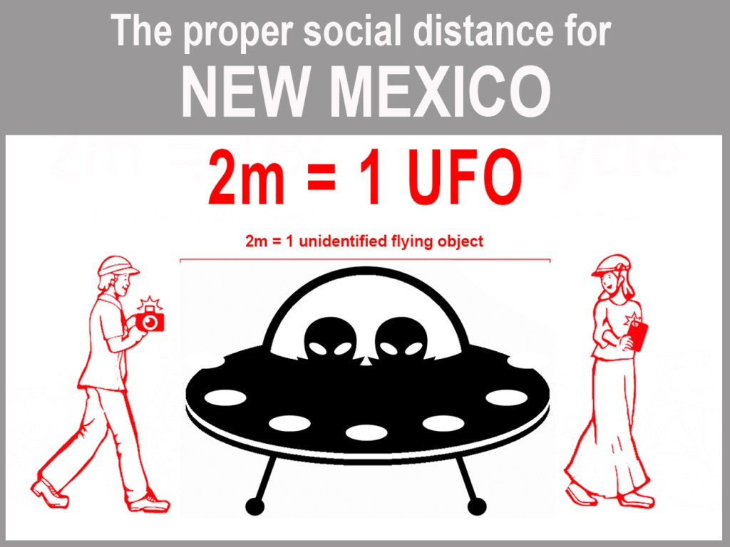 Graphic demonstrating how far away to stand from others during pandemic, using UFO as measurement