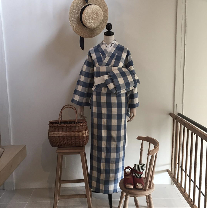 Double Maison large blue check kimono and obi