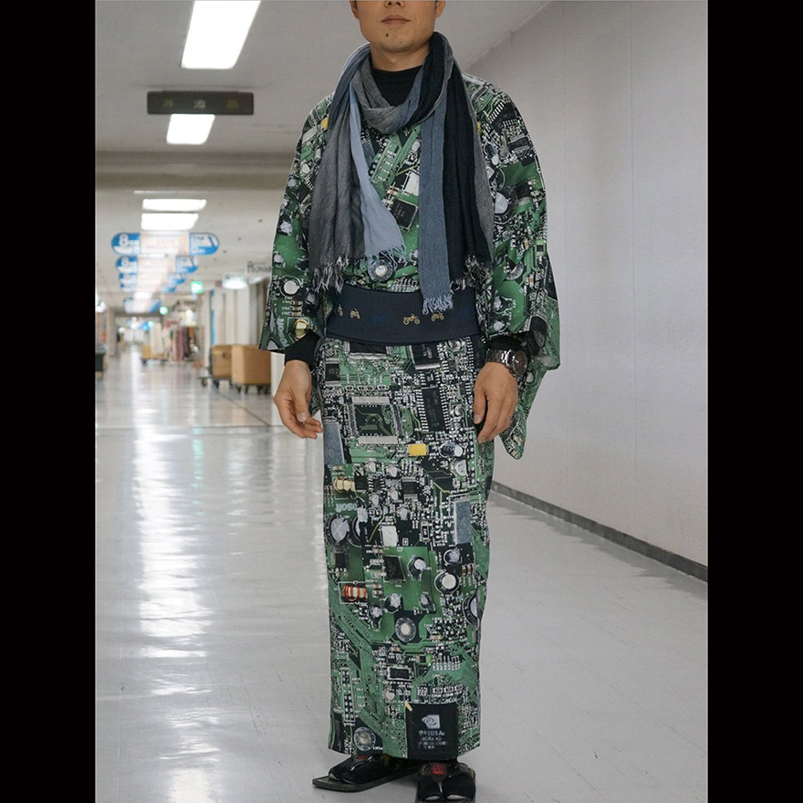 Gofukuyasan circuit board men's yukata with motorcycle obi