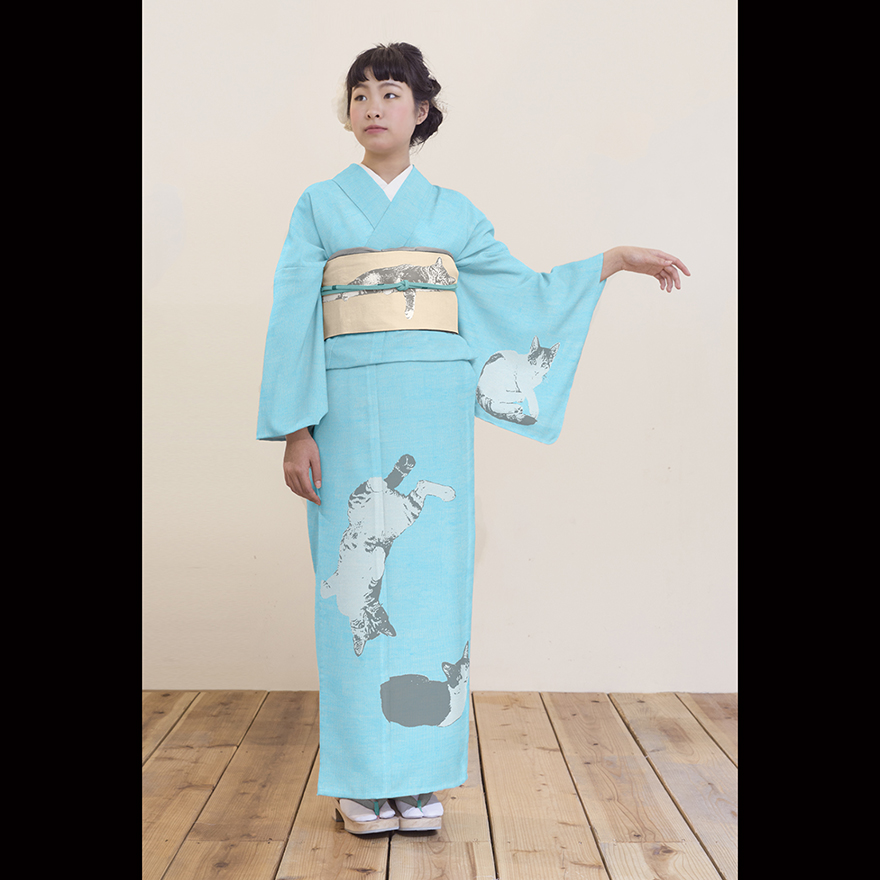 Gofukuyasan blue kimono with cats and cat obi