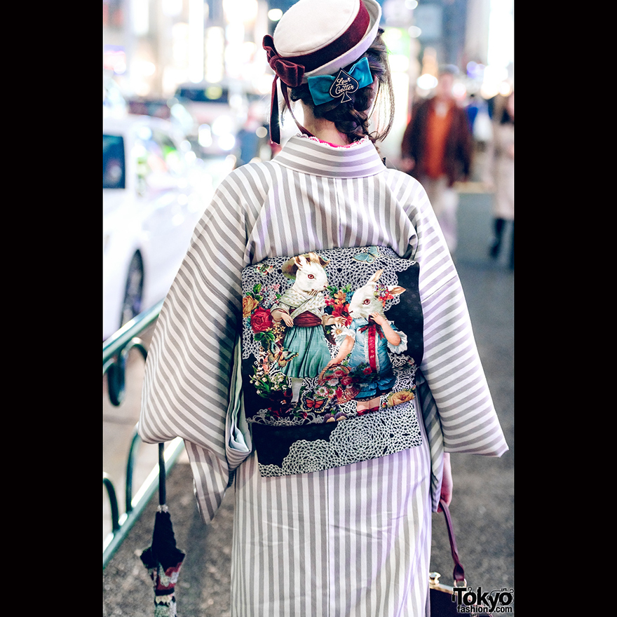 Mamechiyo Modern striped kimono and rabbit obi