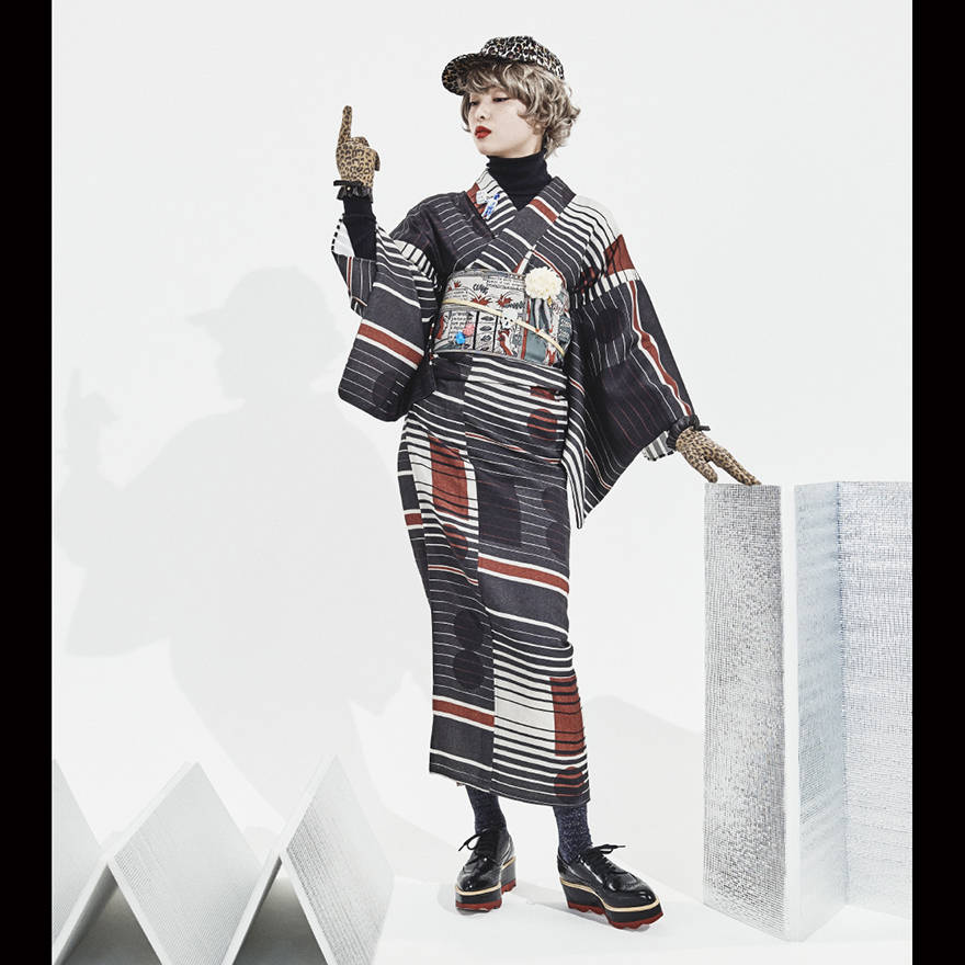 Modern Antenna striped yukata with manga print obi