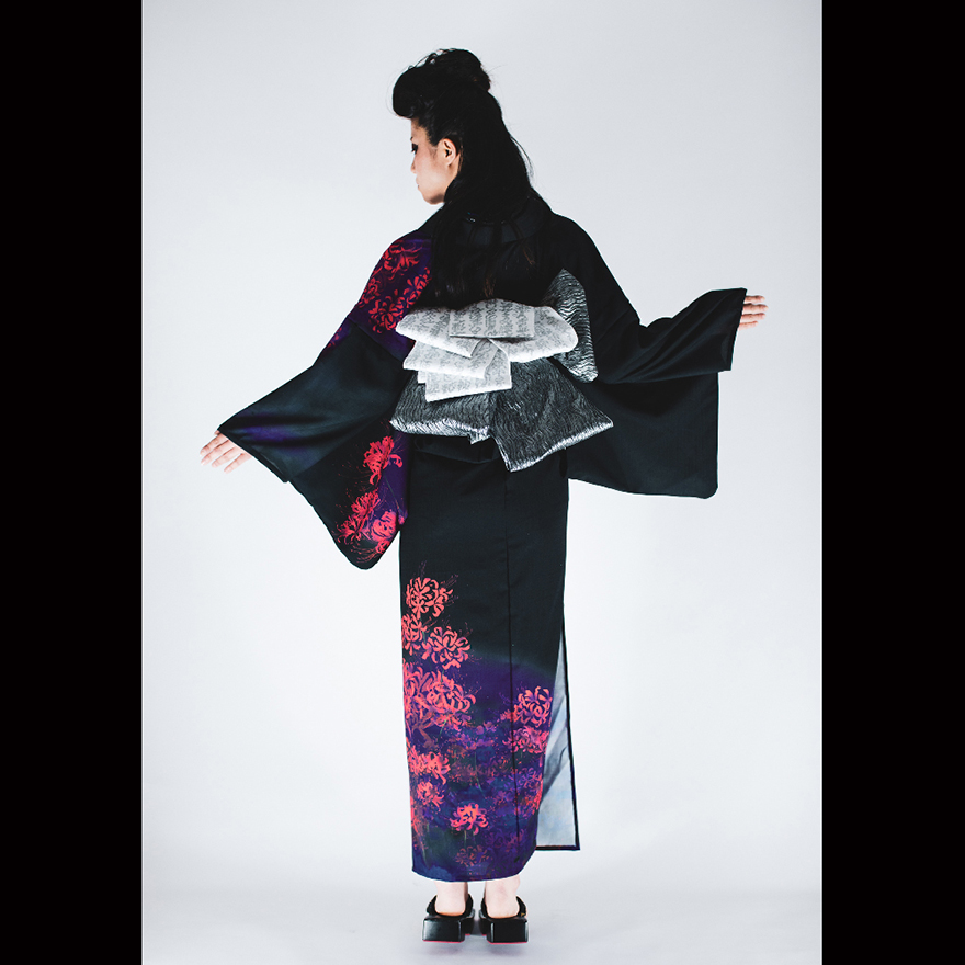 Rumi Rock sheer black summer kimono with fluorescent flower design and silver obi