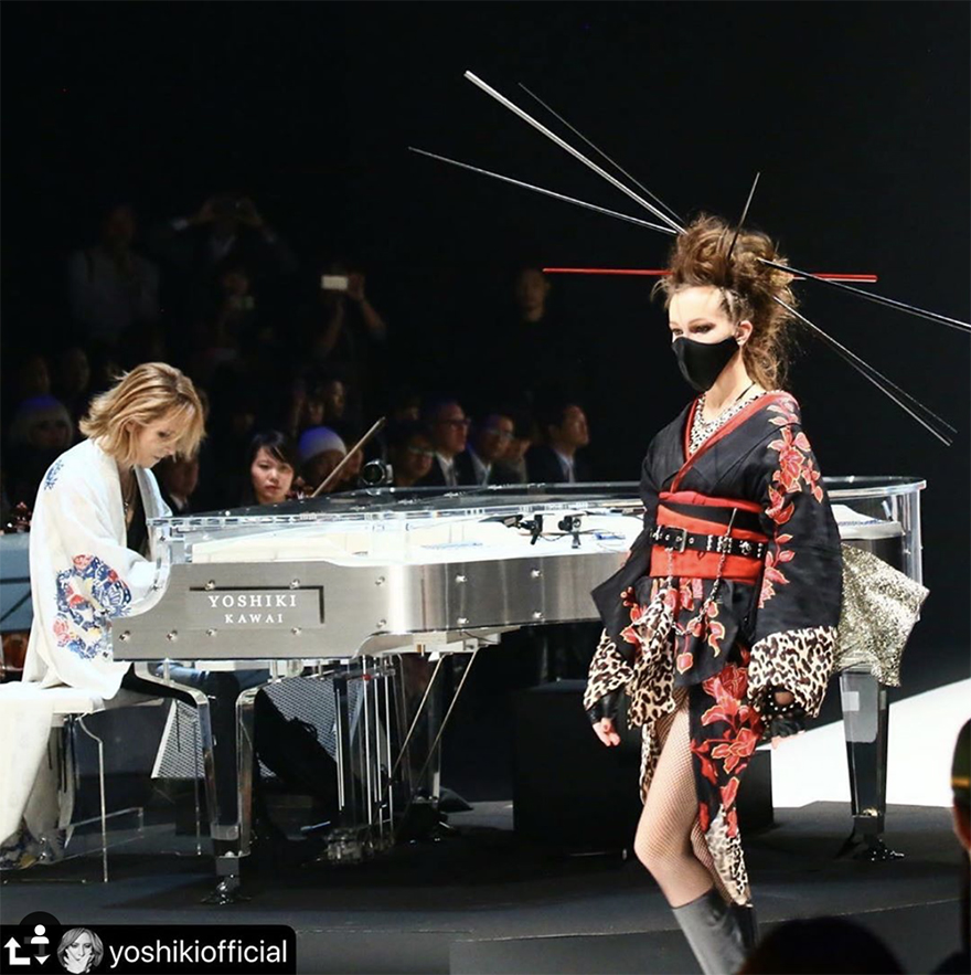 Yoshiki playing piano with Yoshikimono model wearing kimono on runway