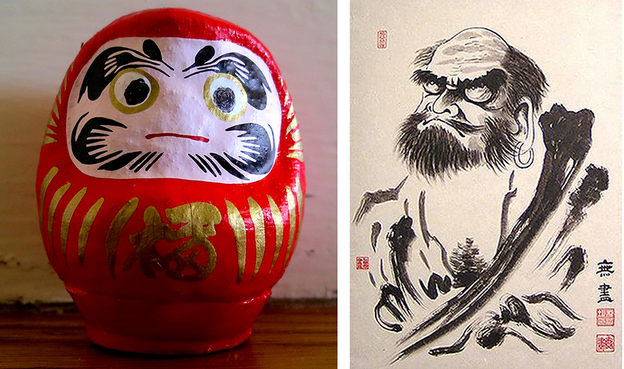 Daruma figure and ink painting of Bodhidharma the monk