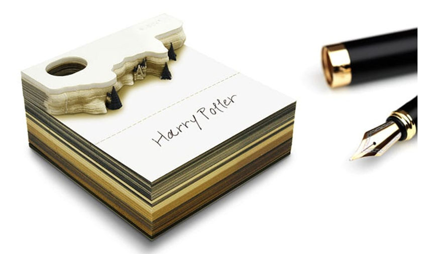 Partly used notepad from Omoshiroi online store that reveals Hogwarts castle as it's used