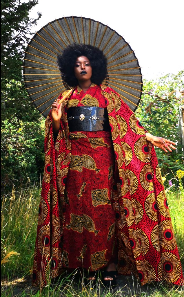 Tia Oguri in Uber Dandy Kimono Nkechi kimono ensemble with cape