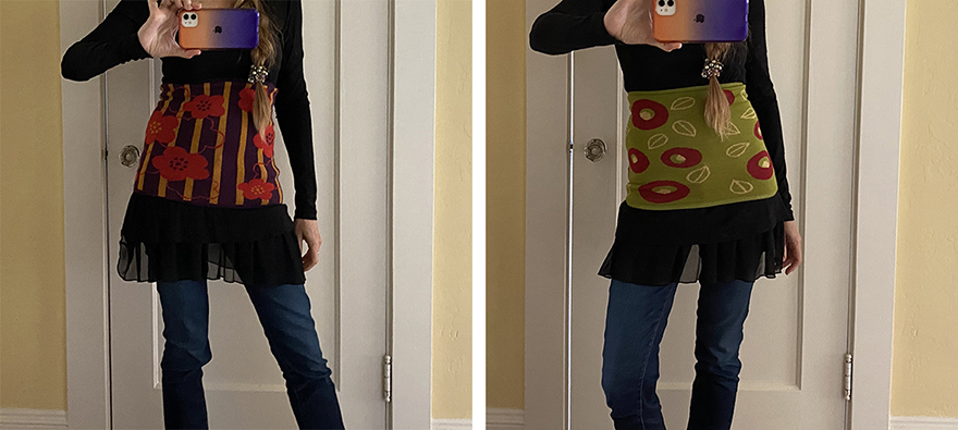 Author Jonelle Patrick wearing haramaki Japanese stomach warmer