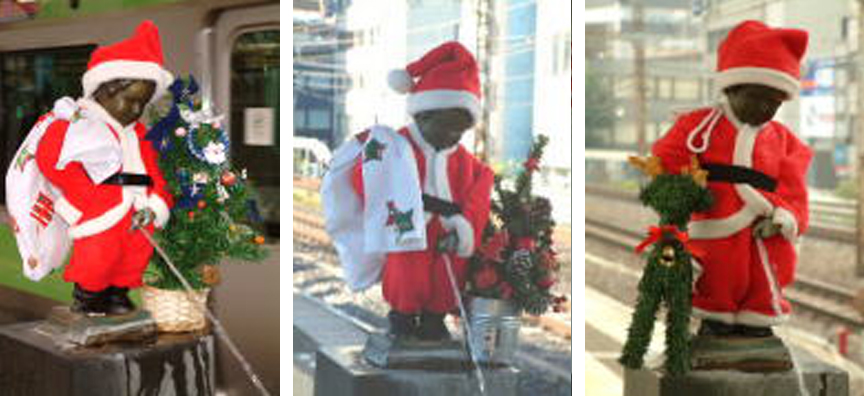 The nude peeing boy statue at JR Hamamatsucho station dressed as Santa in the years 2003, 2004, 2005