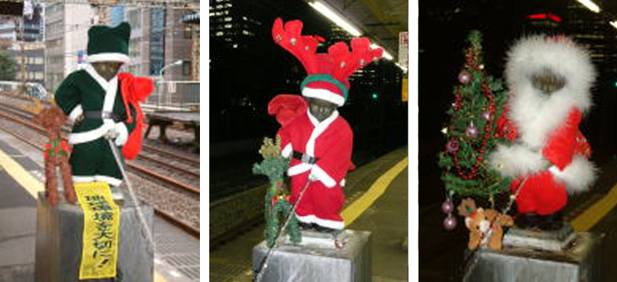 The nude peeing boy statue at JR Hamamatsucho station dressed as Santa in the years 2006, 2007, 2008