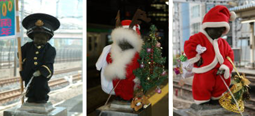 The nude peeing boy statue at JR Hamamatsucho station dressed as Santa in the years 2009, 2010, 2011