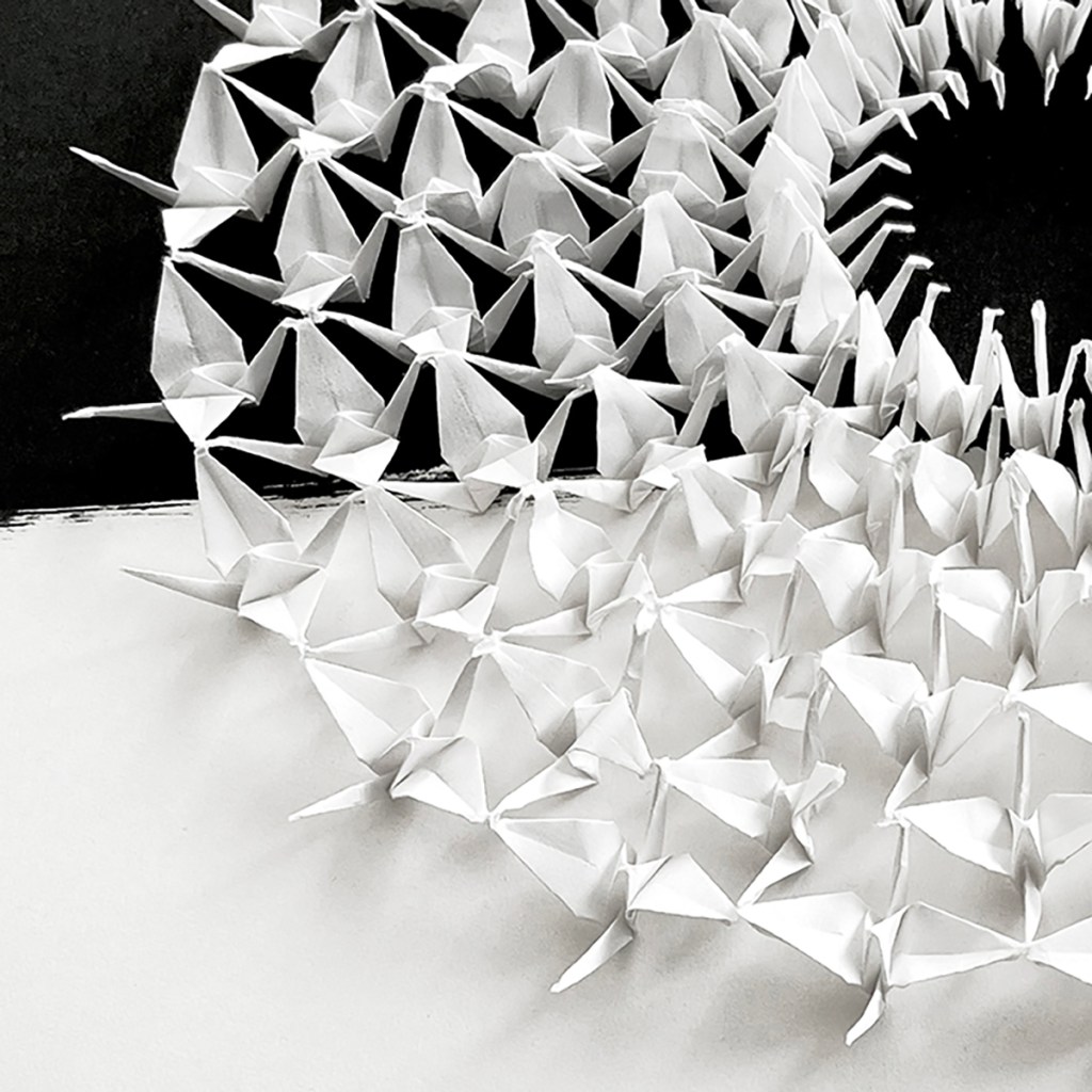Detail of Paula Pietranera renzuru folded crane and sumi-e art "Deep"