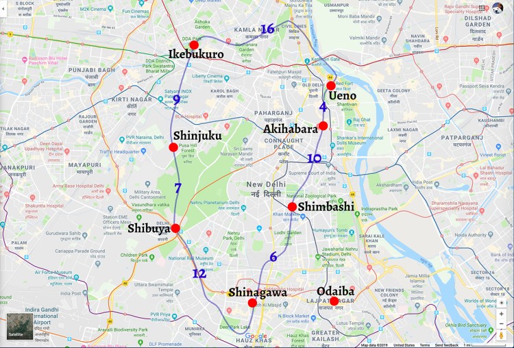 Map of Yamanote line with some main stops highlighted, superimposed over map of Delhi
