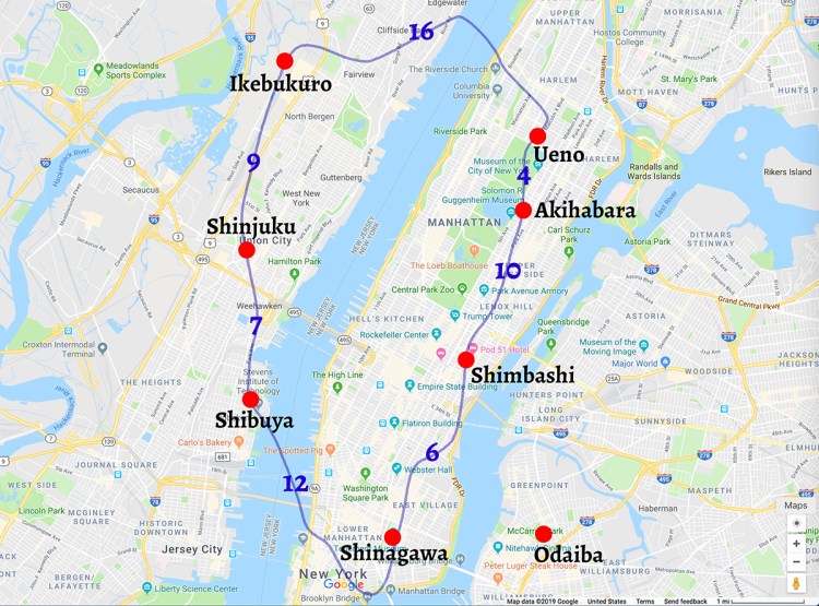 Map of Yamanote line with some main stops highlighted, superimposed over map of New York City