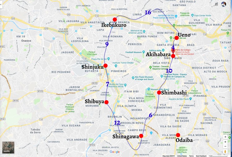 Map of Yamanote line with some main stops highlighted, superimposed over map of Sao Paolo