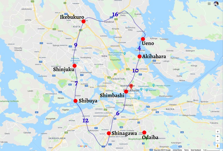 Map of Yamanote line with some main stops highlighted, superimposed over map of Stockholm