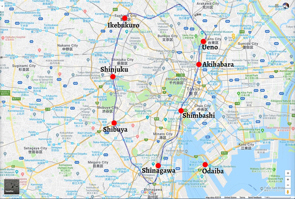 Map highlighting some main Yamanote line stops, superimposed over map of Tokyo