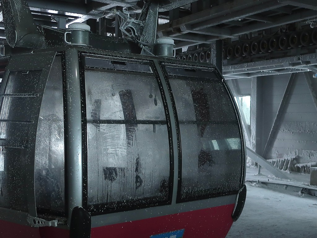 Gondola covered with ice at Mt. Zao