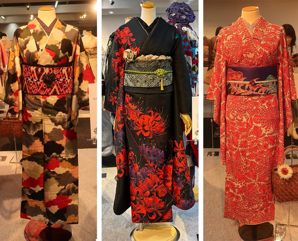 Kimono coordinations displayed on mannequins at the Tokyo Kimono Show 2023