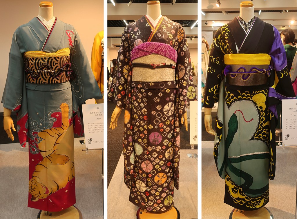 Kimono coordinations displayed on mannequins at the Tokyo Kimono Show 2023