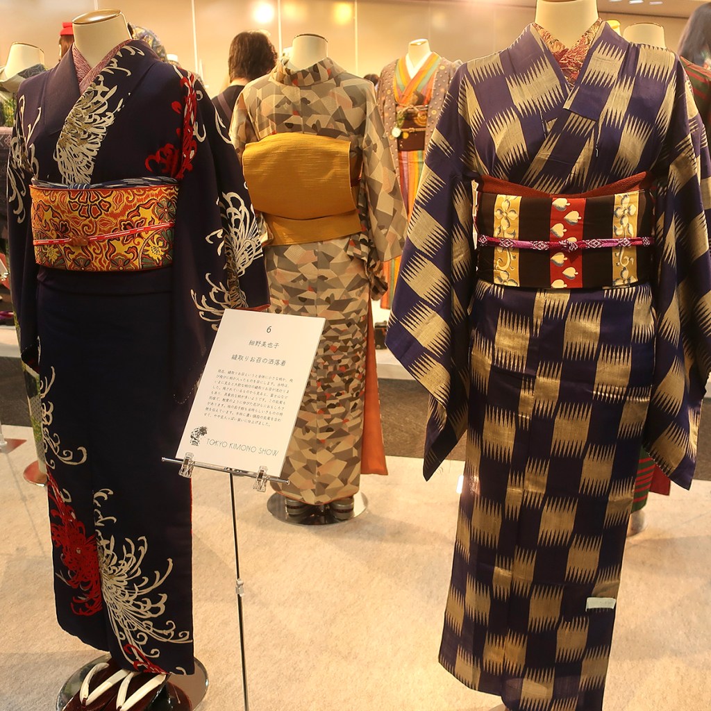 Kimono coordinations displayed on mannequins at the Tokyo Kimono Show 2023