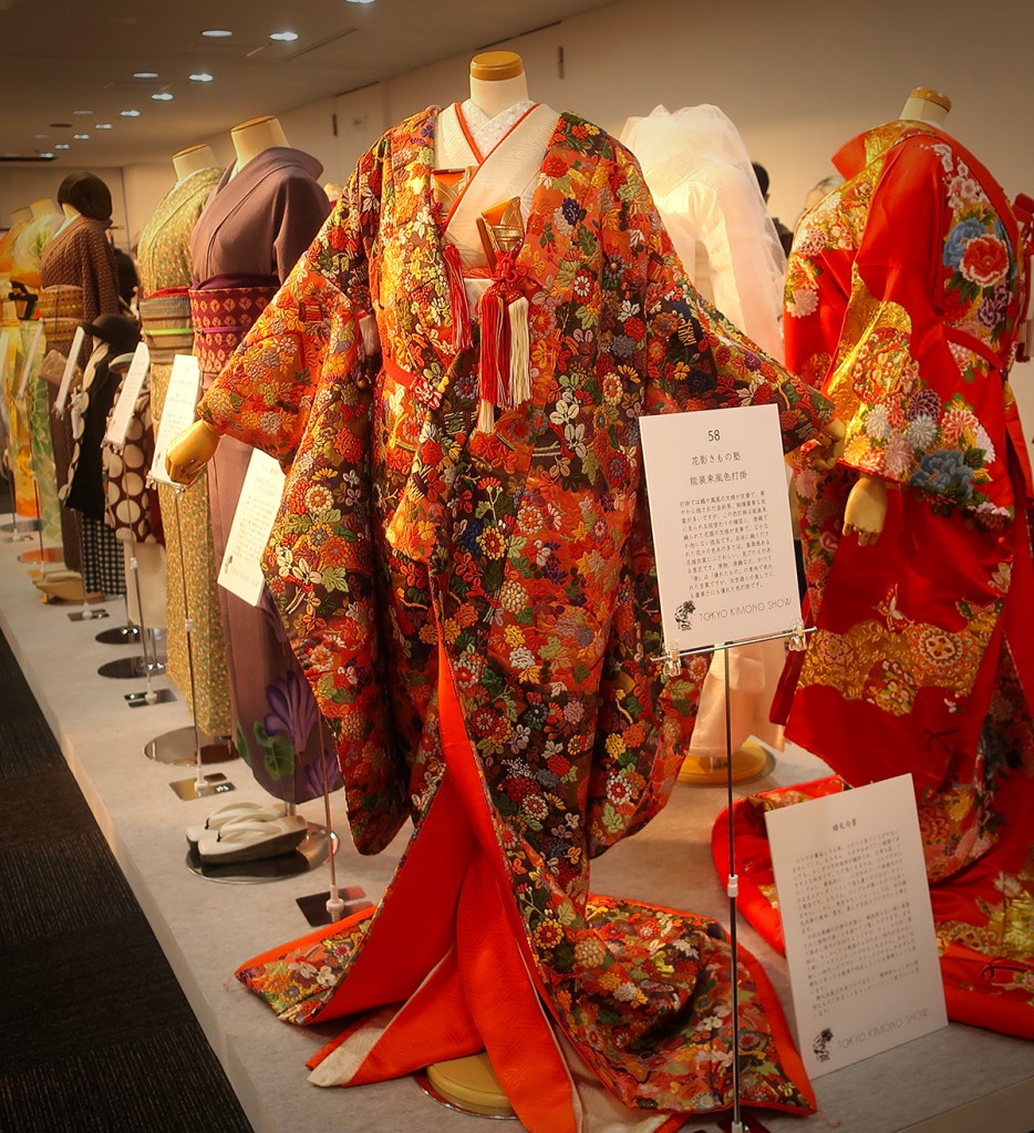 Wedding kimono coordinations displayed on mannequins at the Tokyo Kimono Show 2023
