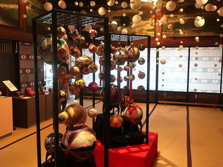 Temari ball installation at Hotel Gajoen exhibit "Lucky subjects and Symbols in Japanese Art" by Flower Workshop 猪子庵