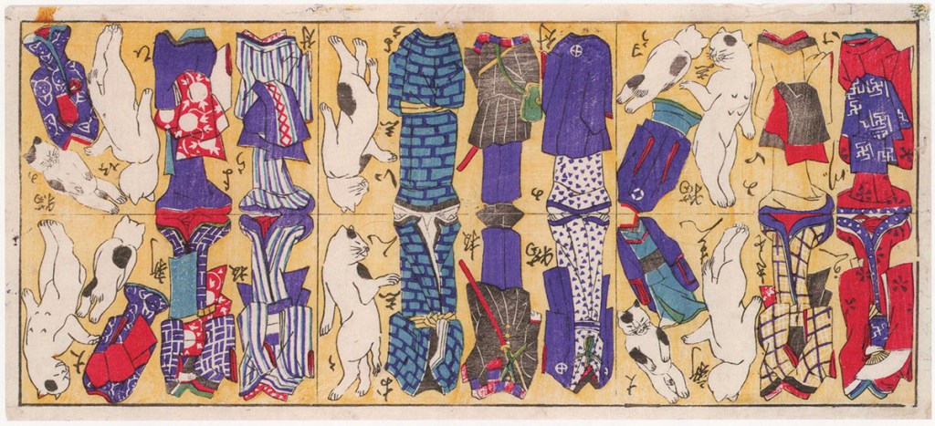 Woodblock print of cats from the Edo Nyanko exhibition at the Ota Memorial Museum of Art