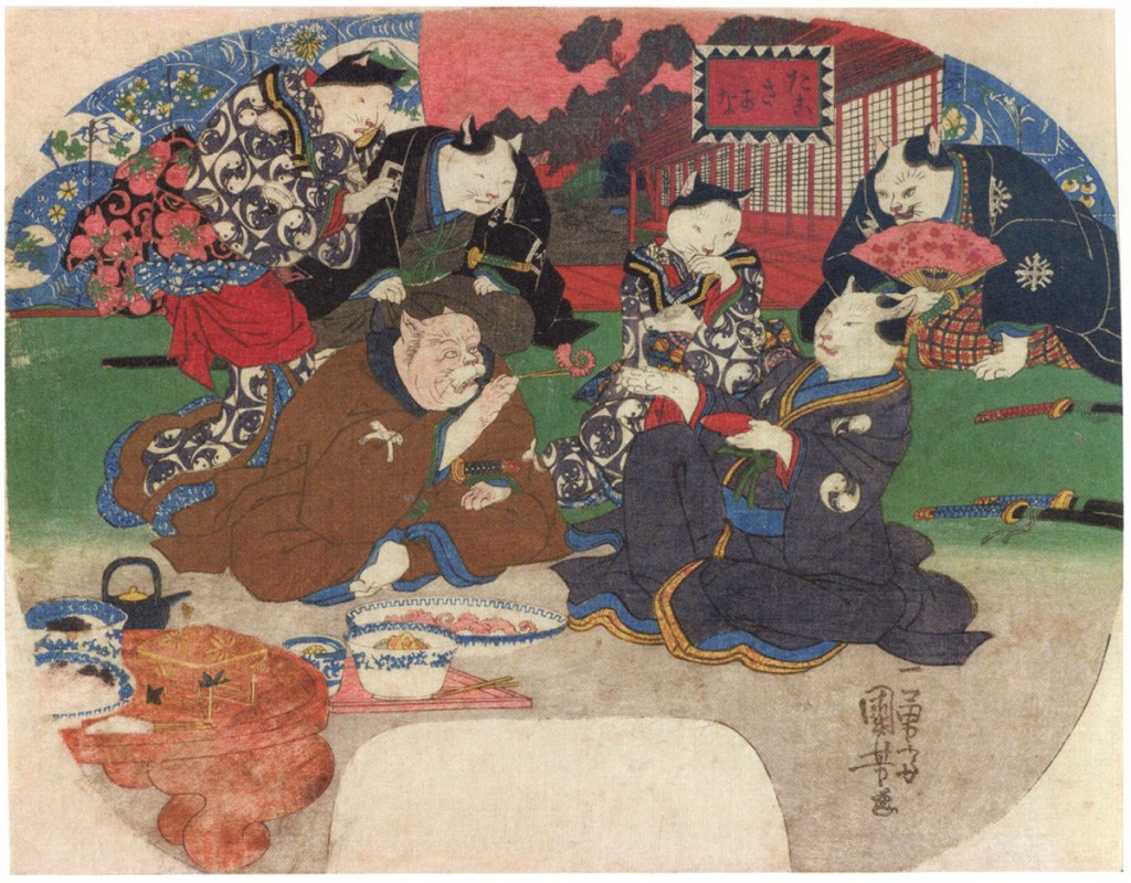 Woodblock print of cats from the Edo Nyanko exhibition at the Ota Memorial Museum of Art